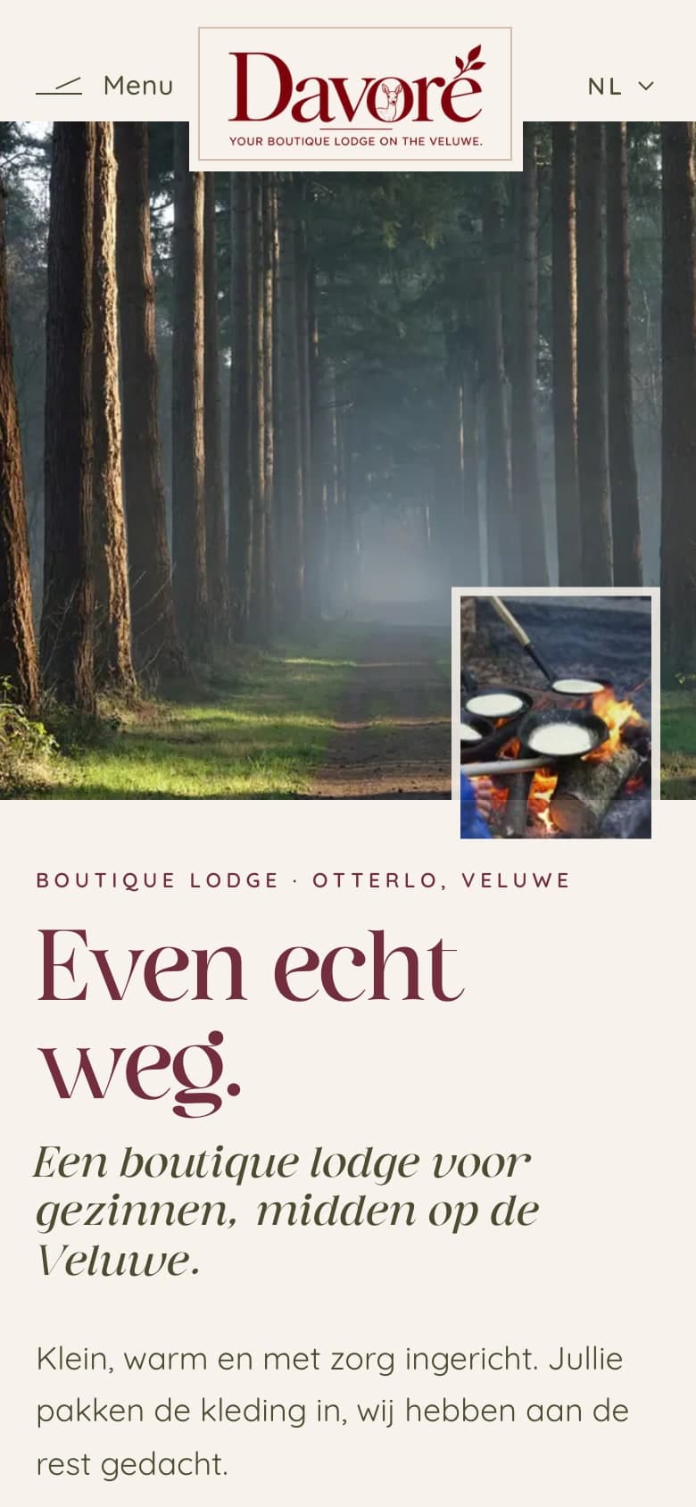 Voorlopige homepage van Davoré Lodge op een telefoon.