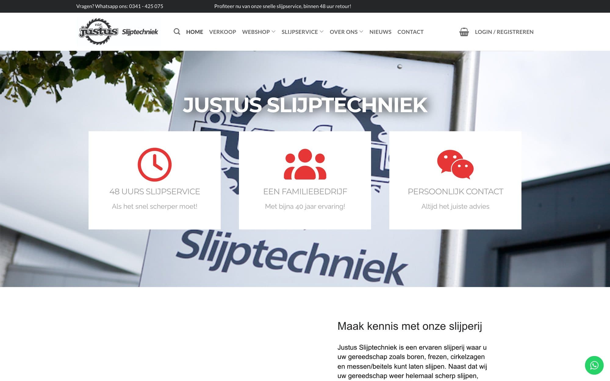 De homepage van Justus Slijptechniek met de 48-uurs slijpservice.