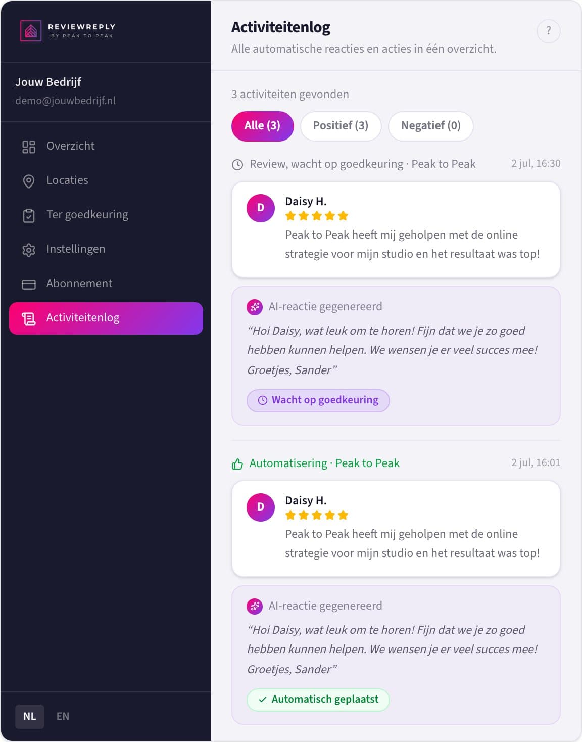 Het activiteitenlog van PeakReply: een review met een door AI geschreven concept-reactie die wacht op goedkeuring.