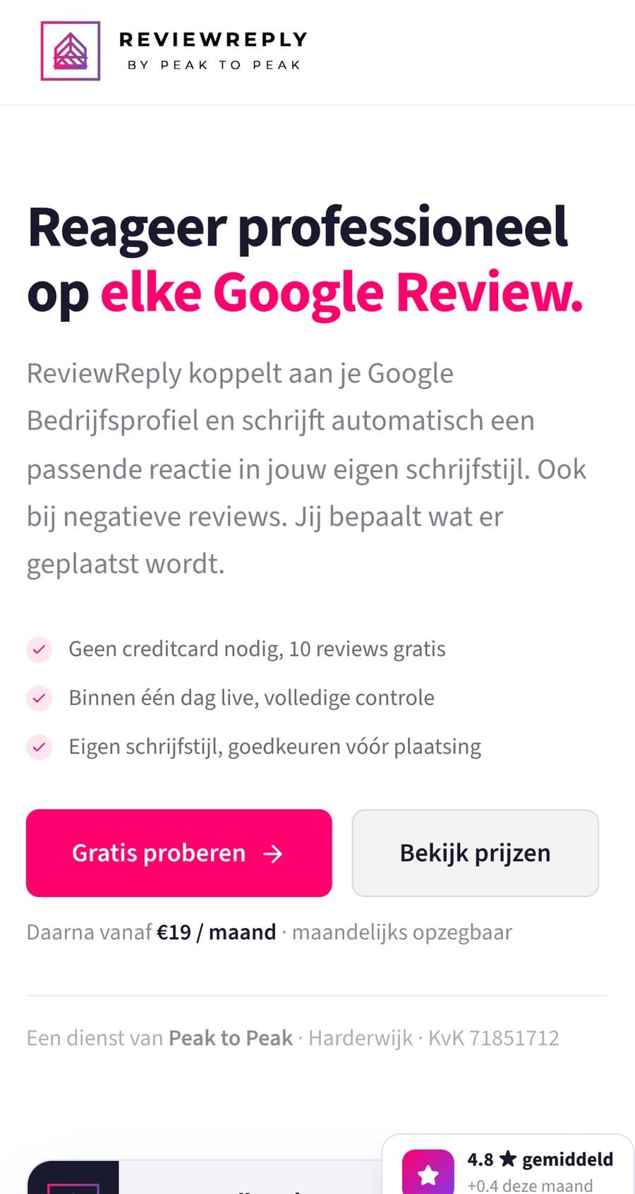De productsite van PeakReply op een telefoon.
