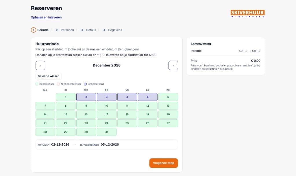 De reserveringstool van Skiverhuur Winterberg: stap 1 van 4, een kalender met beschikbare dagen en een geselecteerde huurperiode.