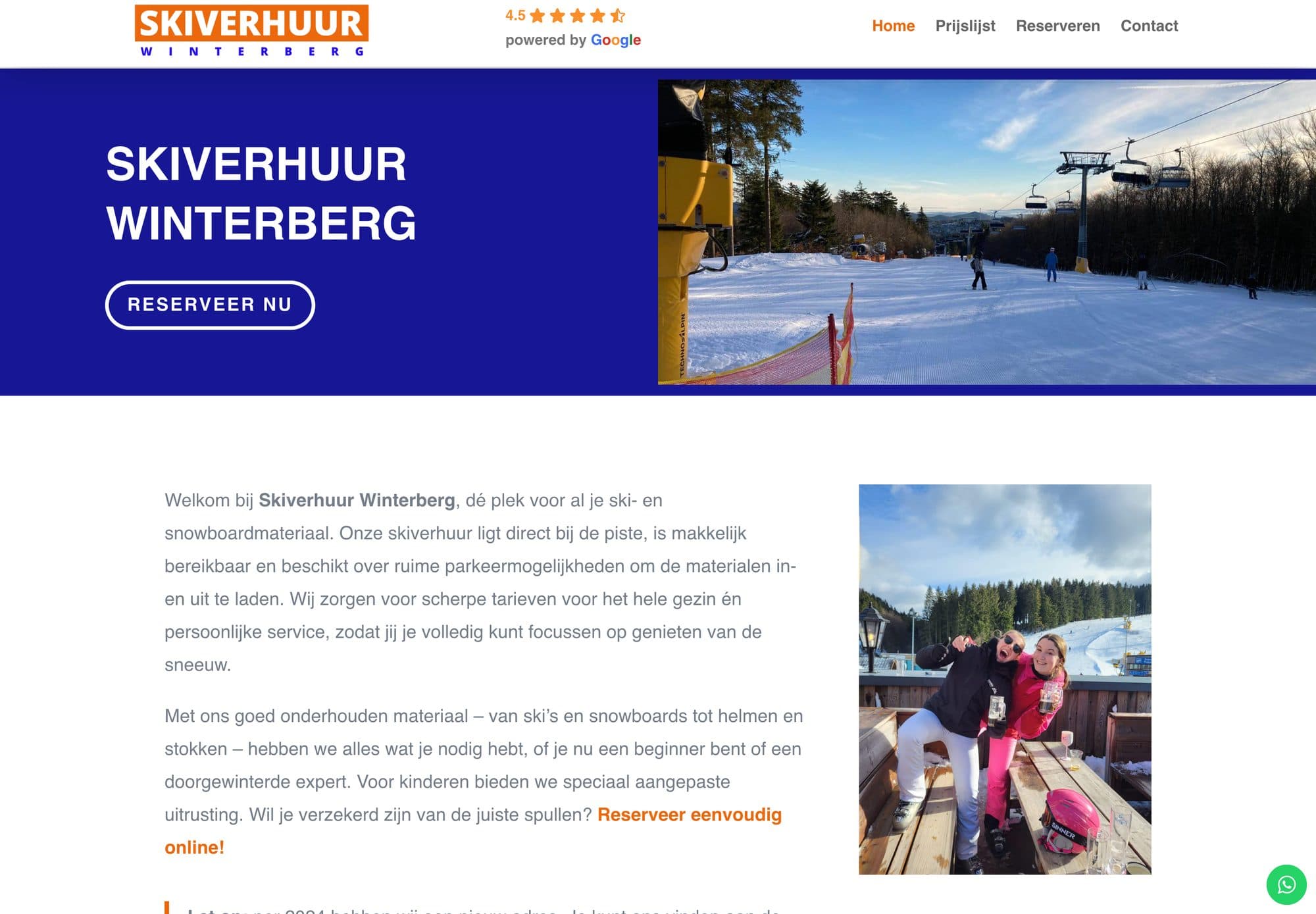 De homepage van Skiverhuur Winterberg met de knop Reserveer nu.